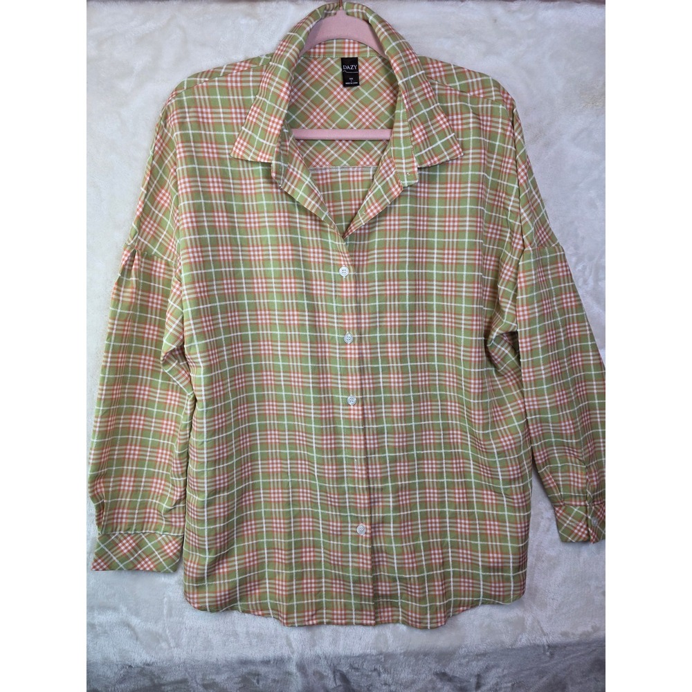 DAZY Womens Plaid Button Down Shirt Green Orange Long Sleeve Oversized Size L